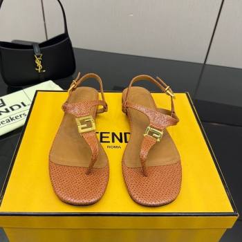 Fendi Delfina Flat Thong Sandals in Embossed Leather Light Brown 2026 FE030201 (MD-260302004)