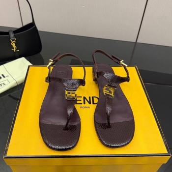 Fendi Delfina Flat Thong Sandals in Embossed Leather Dark Brown 2026 FE030201 (MD-260302005)