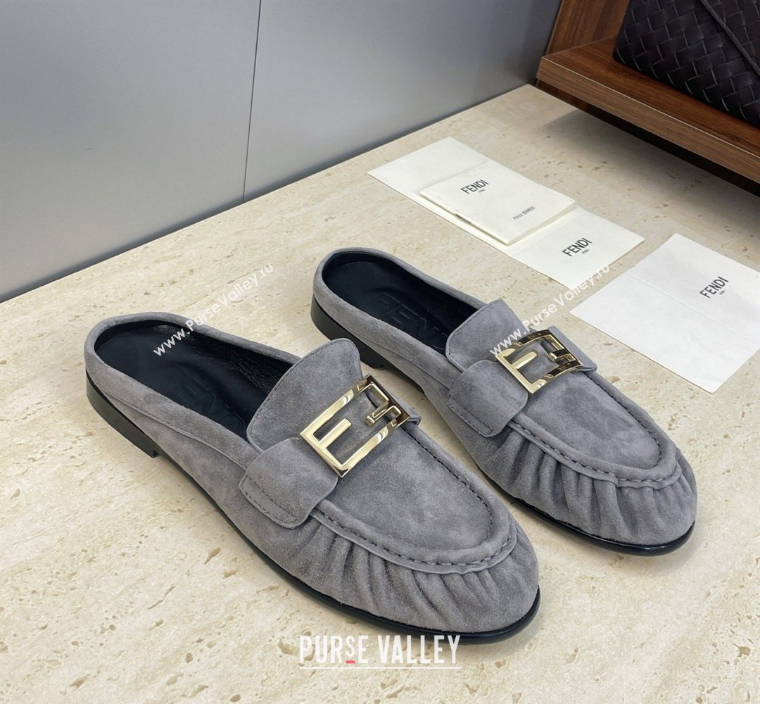 Fendi Baguette Flat Loafer Mules in Suede Grey 2026 FE121603 (JC-260302030)