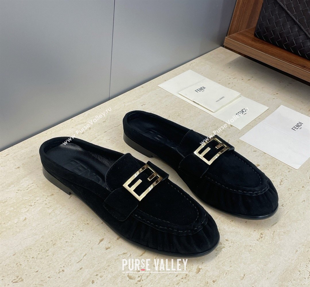 Fendi Baguette Flat Loafer Mules in Suede Black 2026 FE121603 (JC-260302031)
