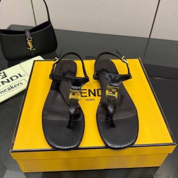 Fendi Delfina Flat Thong Sandals in Embossed Leather Black 2026 FE030201 (MD-260302007)