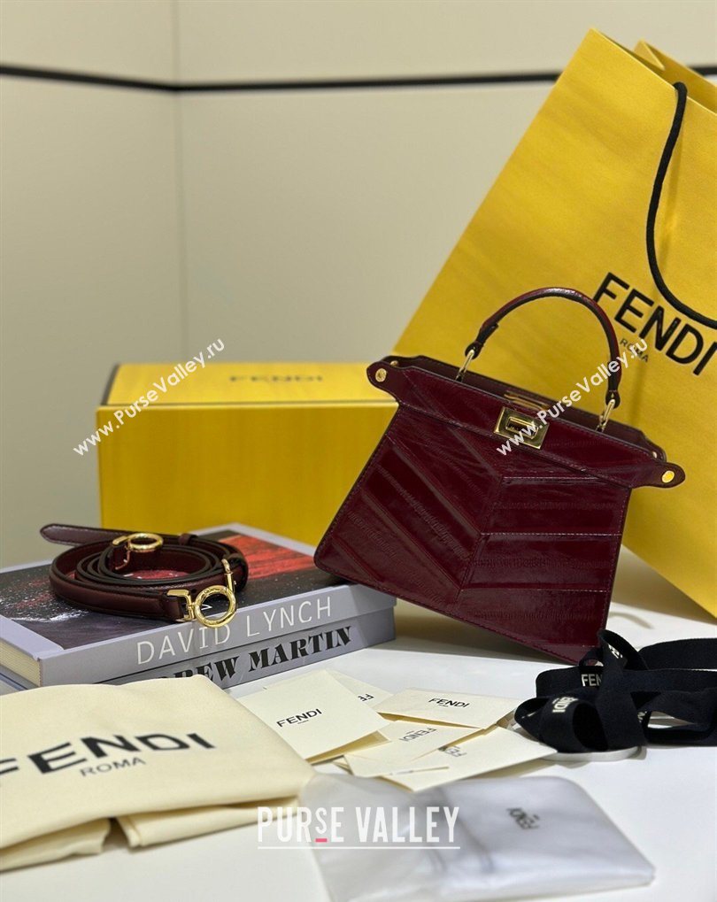 Fendi Peekaboo ISeeU Petite Bag in Shiny Chevron Eel Embossed Leather Burgundy 2026 8701 (CL-260409104)