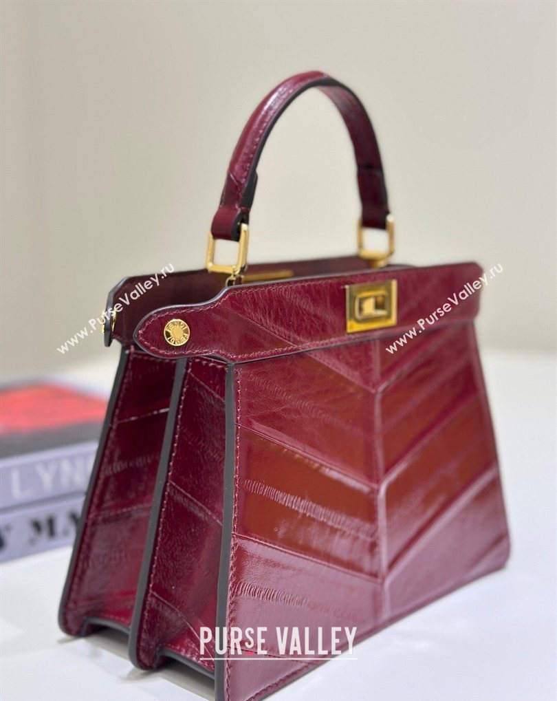 Fendi Peekaboo ISeeU Petite Bag in Shiny Chevron Eel Embossed Leather Burgundy 2026 8701 (CL-260409104)