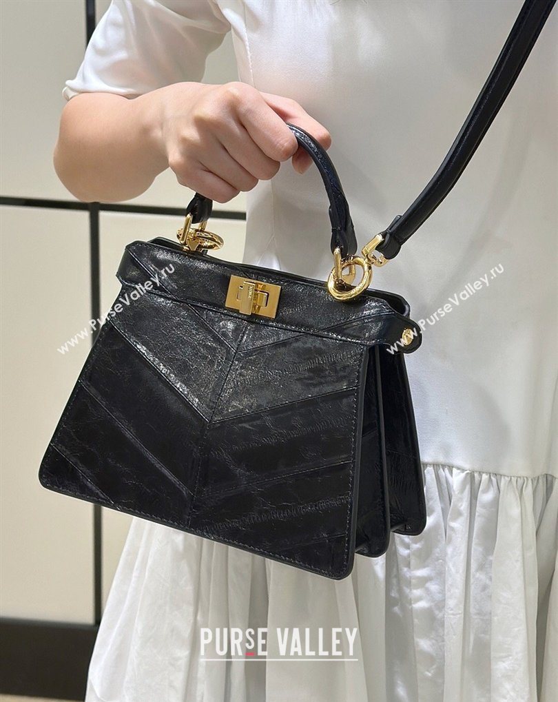 Fendi Peekaboo ISeeU Petite Bag in Shiny Chevron Eel Embossed Leather Black 2026 8701 (CL-260409107)