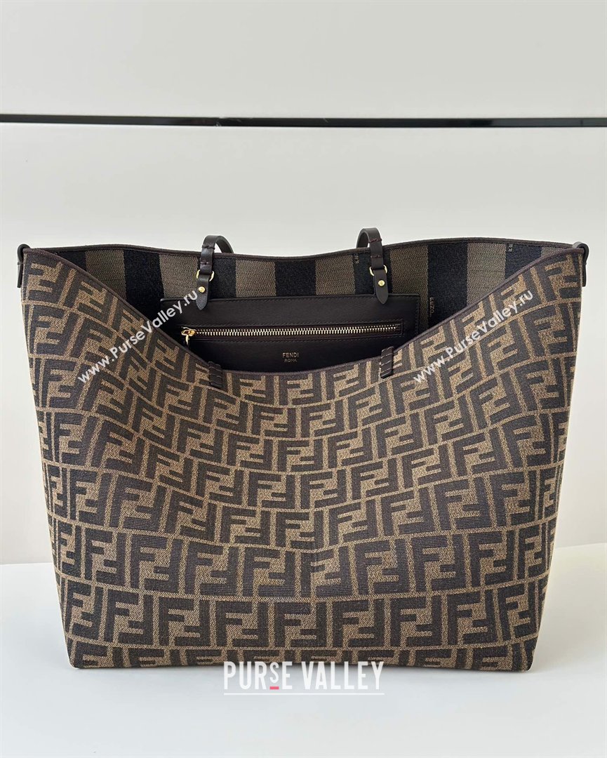 Fendi Large Roll Reversible shopper Tote Bag in Tobacco brown FF jacquard and striped Pequin fabric 2026 8661L (CL-260409098)