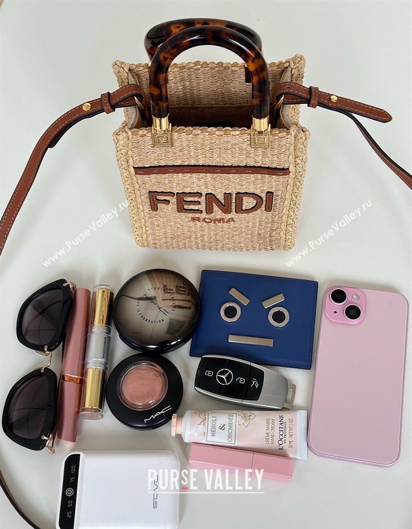 Fendi Sunshine Shopper Mini Bag in Raffia Straw Brown 2025 8621S (CL-250628037)