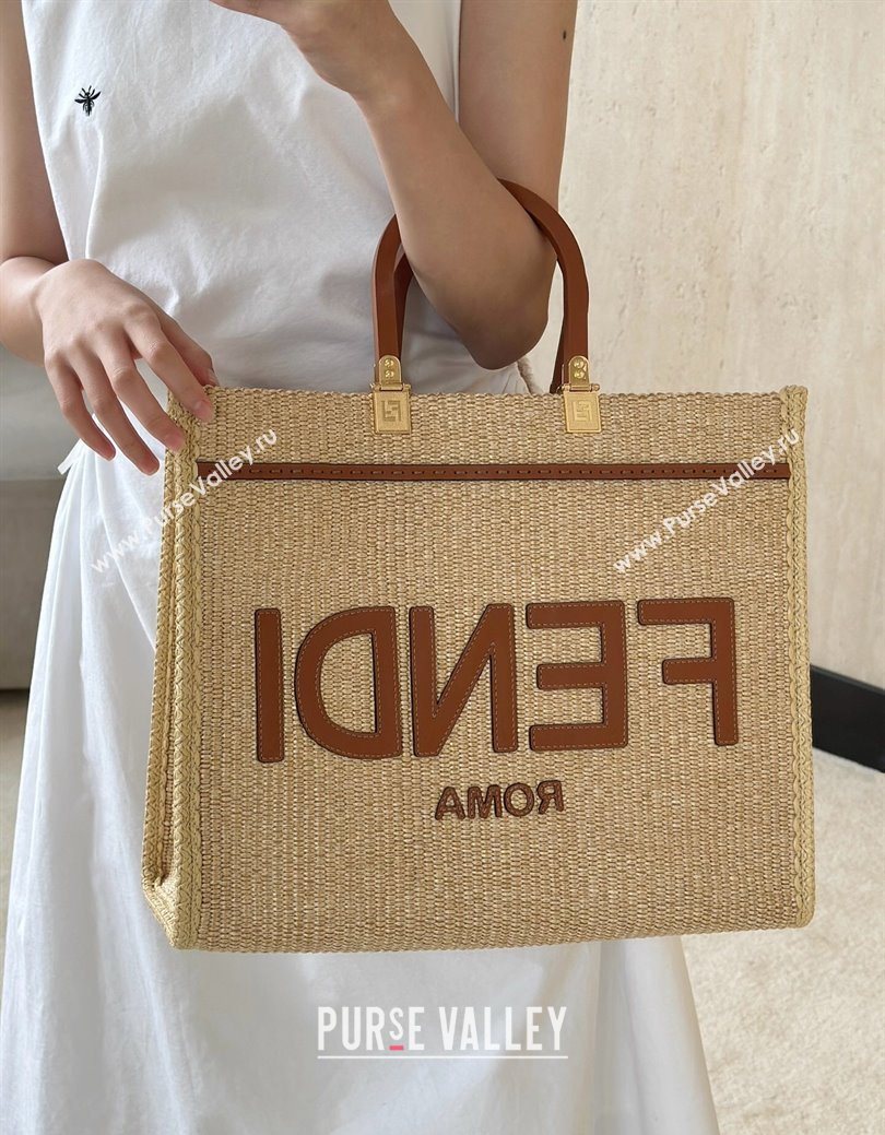 Fendi Sunshine Shopper Medium Bag in Raffia Straw Brown 2025 8621L (CL-250628038)