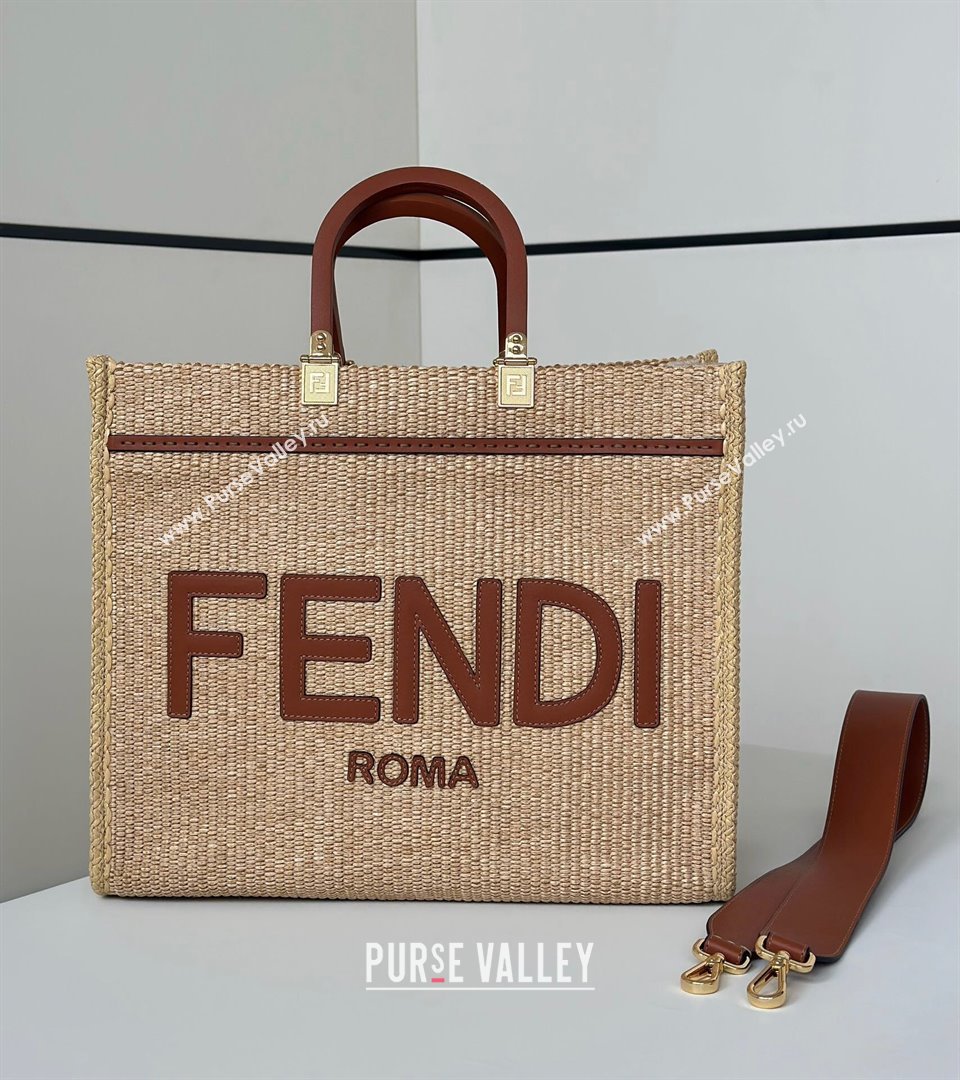 Fendi Sunshine Shopper Medium Bag in Raffia Straw Brown 2025 8621L (CL-250628038)