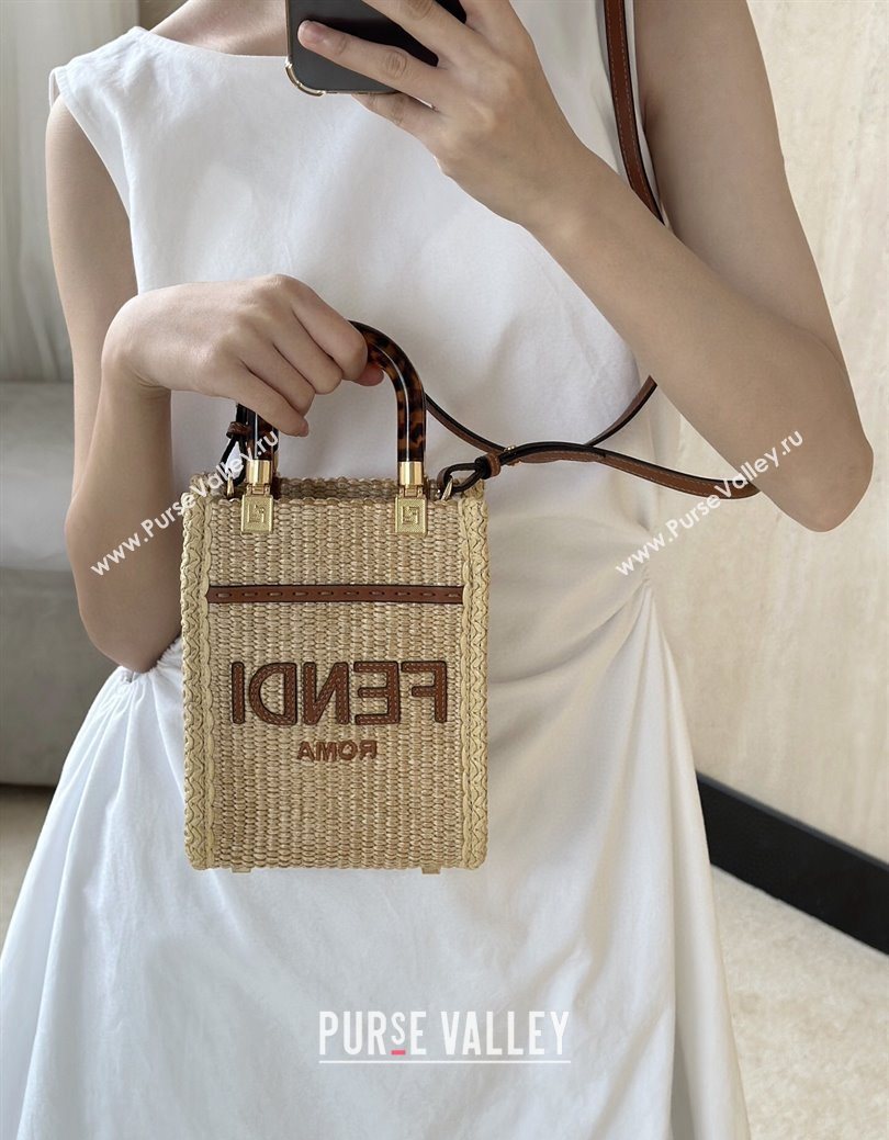 Fendi Sunshine Shopper Mini Bag in Raffia Straw Brown 2025 8621S (CL-250628037)