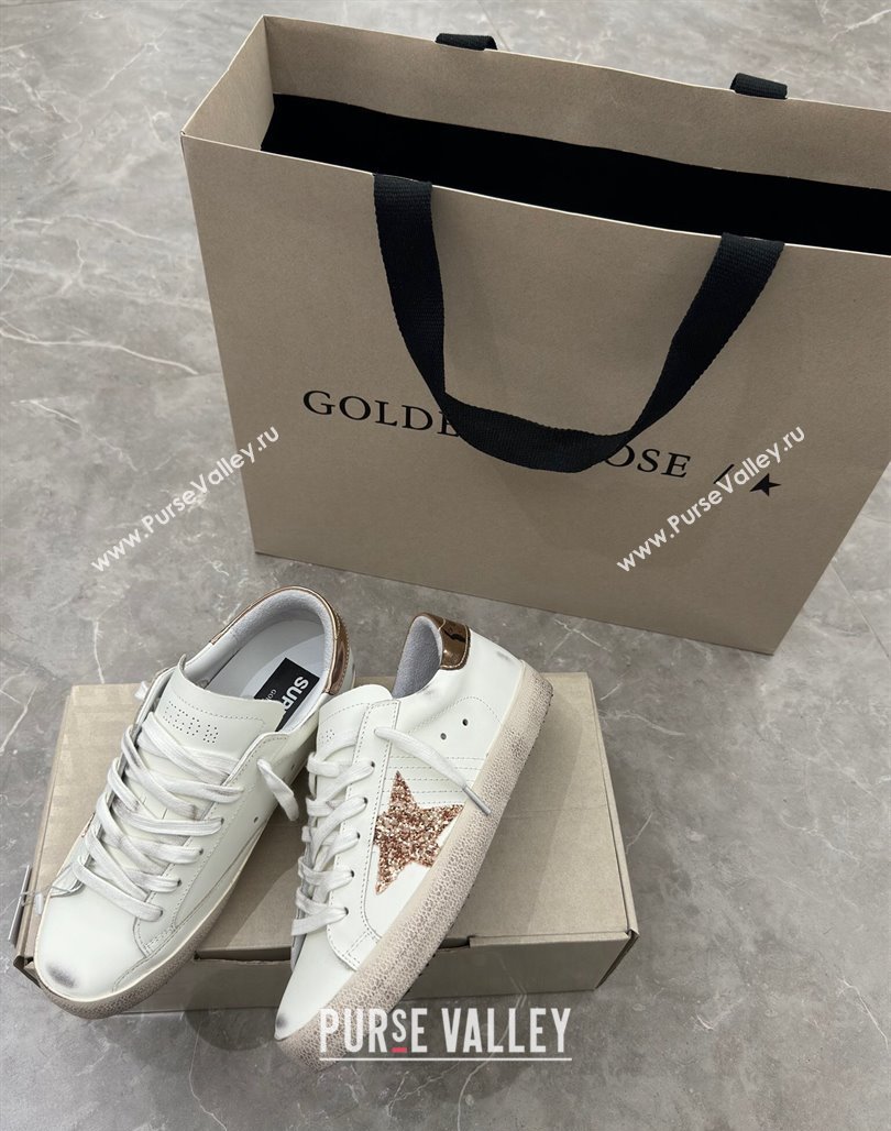 Golden Goose Super-Star Sneakers in White Leather with Gold Glitter Star and Tab 2024 (13-240530012)