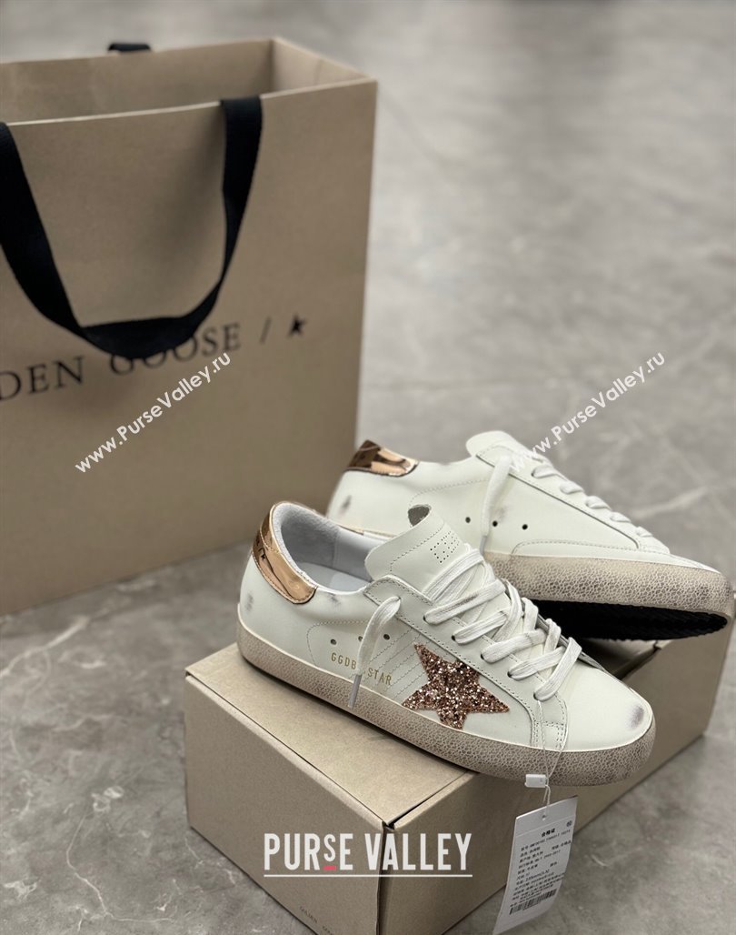 Golden Goose Super-Star Sneakers in White Leather with Gold Glitter Star and Tab 2024 (13-240530012)