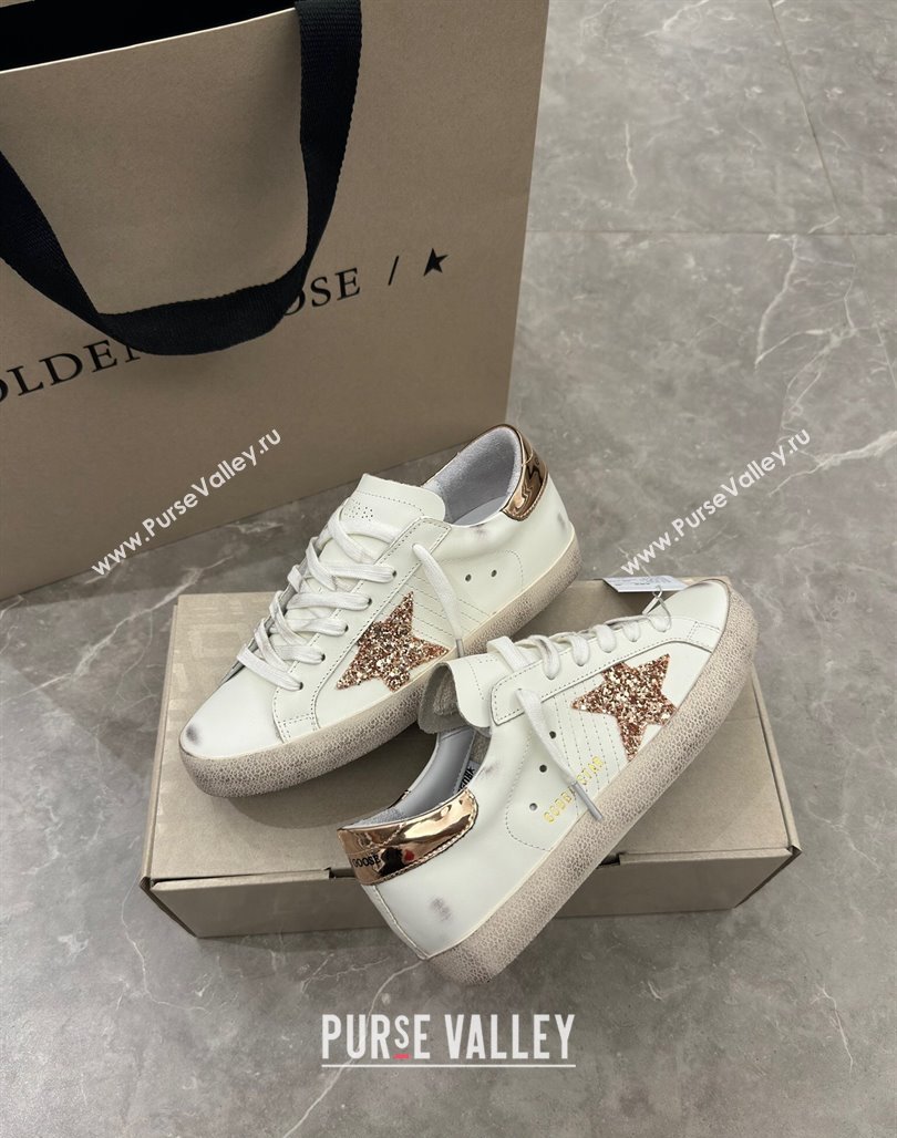 Golden Goose Super-Star Sneakers in White Leather with Gold Glitter Star and Tab 2024 (13-240530012)