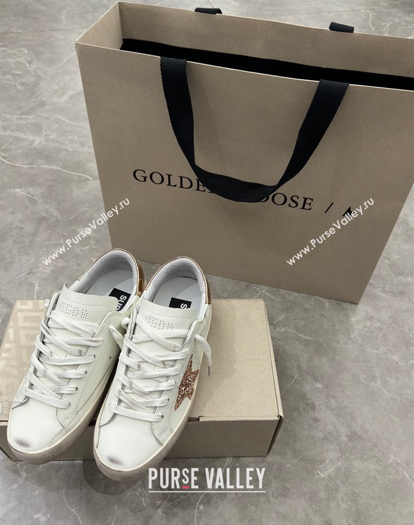 Golden Goose Super-Star Sneakers in White Leather with Gold Glitter Star and Tab 2024 (13-240530012)