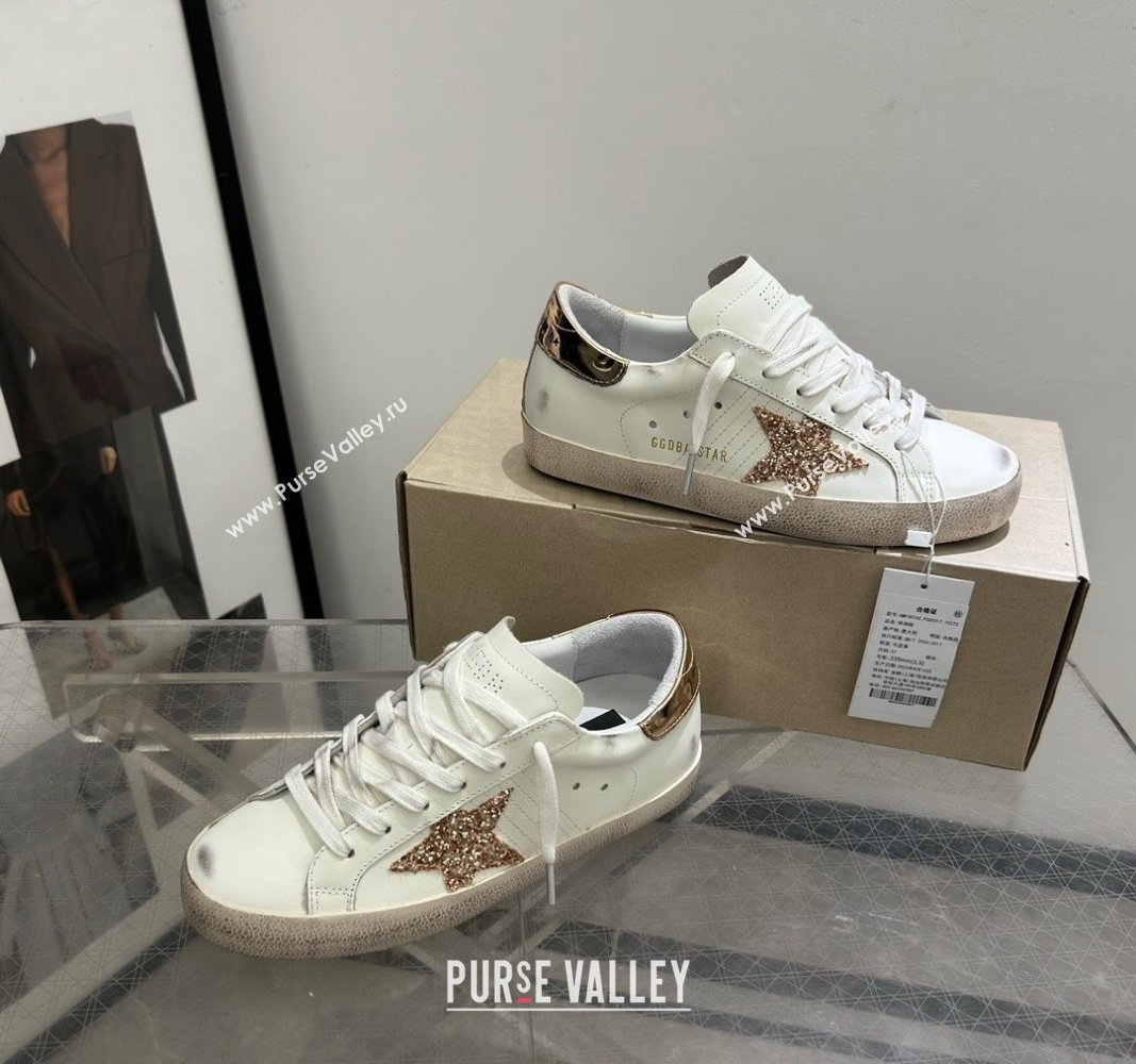 Golden Goose Super-Star Sneakers in White Leather with Gold Glitter Star and Tab 2024 (13-240530012)