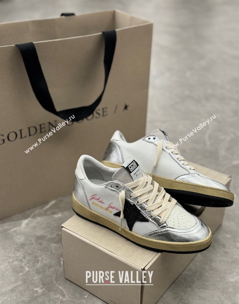 Golden Goose Ball Star Sneakers in white mesh with black glitter star and silver inserts 2024 (13-240530023)