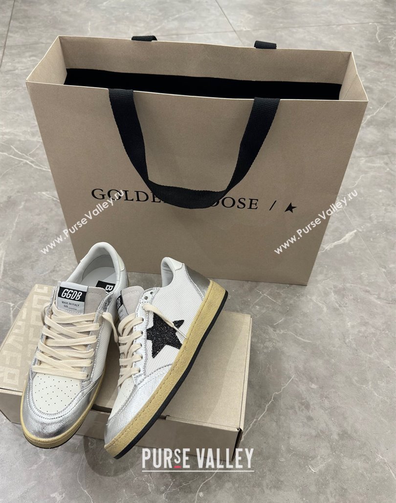 Golden Goose Ball Star Sneakers in white mesh with black glitter star and silver inserts 2024 (13-240530023)