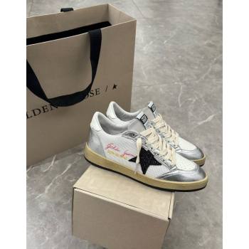Golden Goose Ball Star Sneakers in white mesh with black glitter star and silver inserts 2024 (13-240530023)