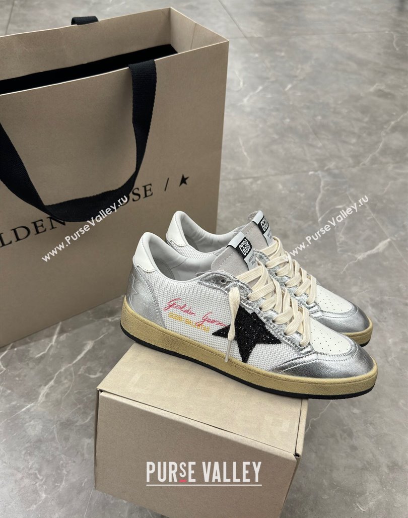 Golden Goose Ball Star Sneakers in white mesh with black glitter star and silver inserts 2024 (13-240530023)