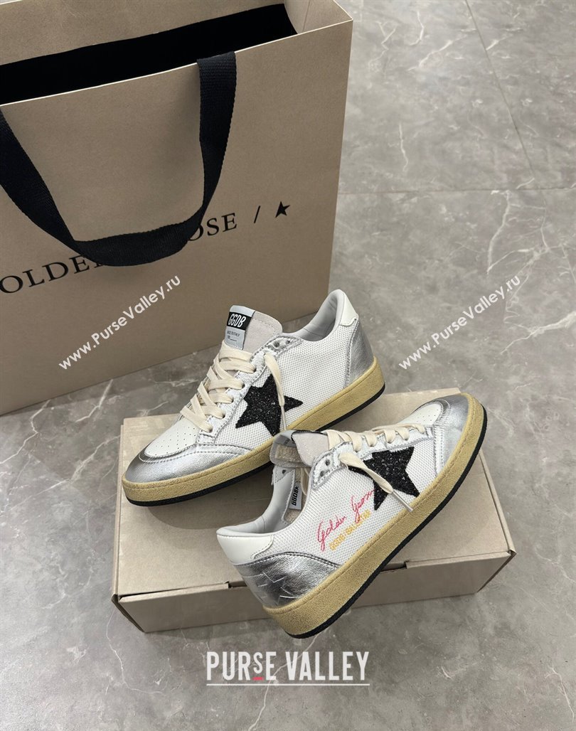 Golden Goose Ball Star Sneakers in white mesh with black glitter star and silver inserts 2024 (13-240530023)