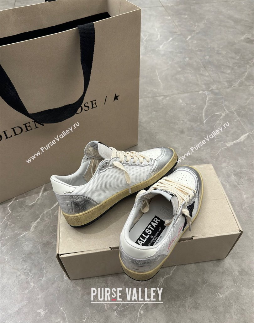 Golden Goose Ball Star Sneakers in white mesh with black glitter star and silver inserts 2024 (13-240530023)