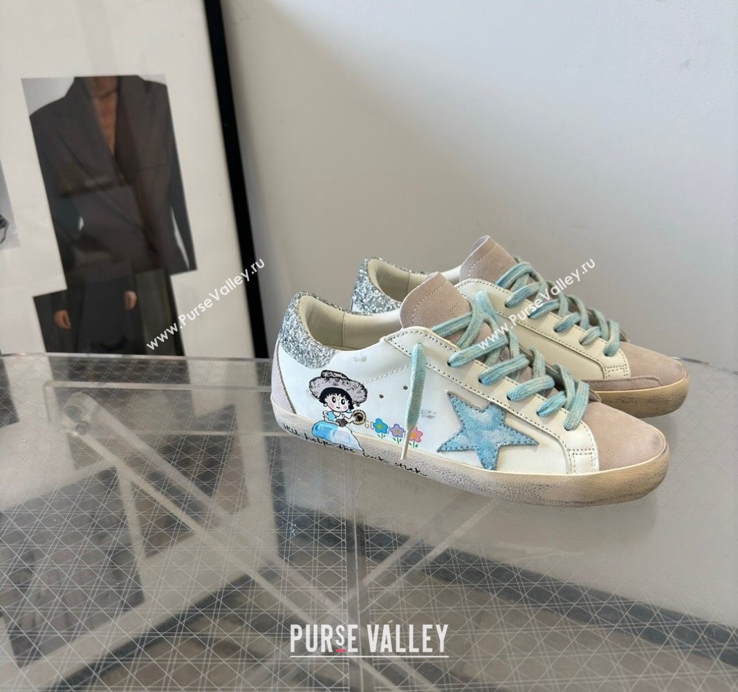 Golden Goose Super-Star Sneakers in Leather and Suede with Girl Print White/Light Blue 2024 (13-240530003)