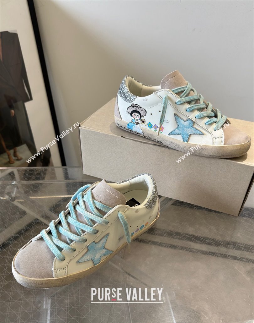 Golden Goose Super-Star Sneakers in Leather and Suede with Girl Print White/Light Blue 2024 (13-240530003)