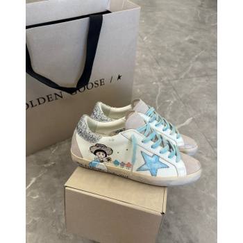 Golden Goose Super-Star Sneakers in Leather and Suede with Girl Print White/Light Blue 2024 (13-240530003)