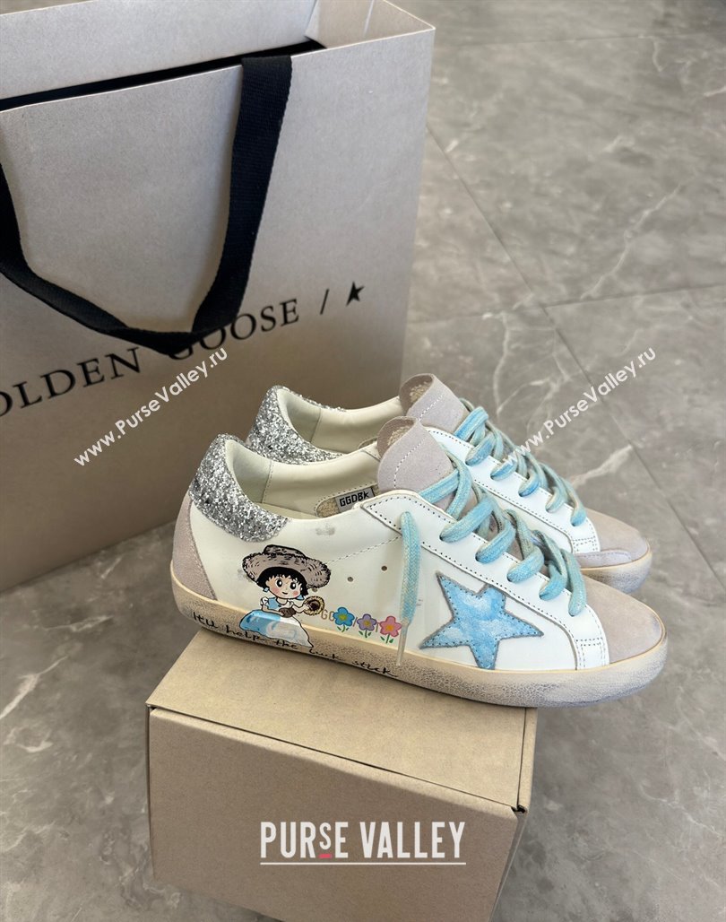 Golden Goose Super-Star Sneakers in Leather and Suede with Girl Print White/Light Blue 2024 (13-240530003)