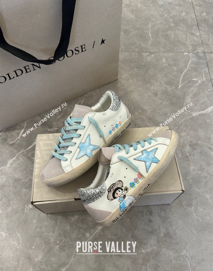 Golden Goose Super-Star Sneakers in Leather and Suede with Girl Print White/Light Blue 2024 (13-240530003)