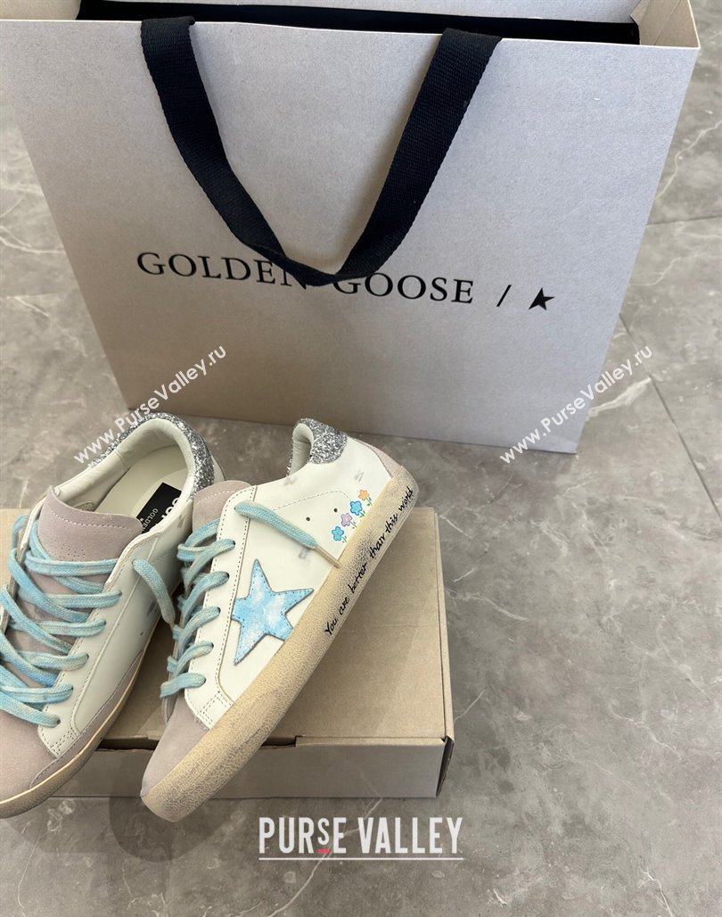 Golden Goose Super-Star Sneakers in Leather and Suede with Girl Print White/Light Blue 2024 (13-240530003)