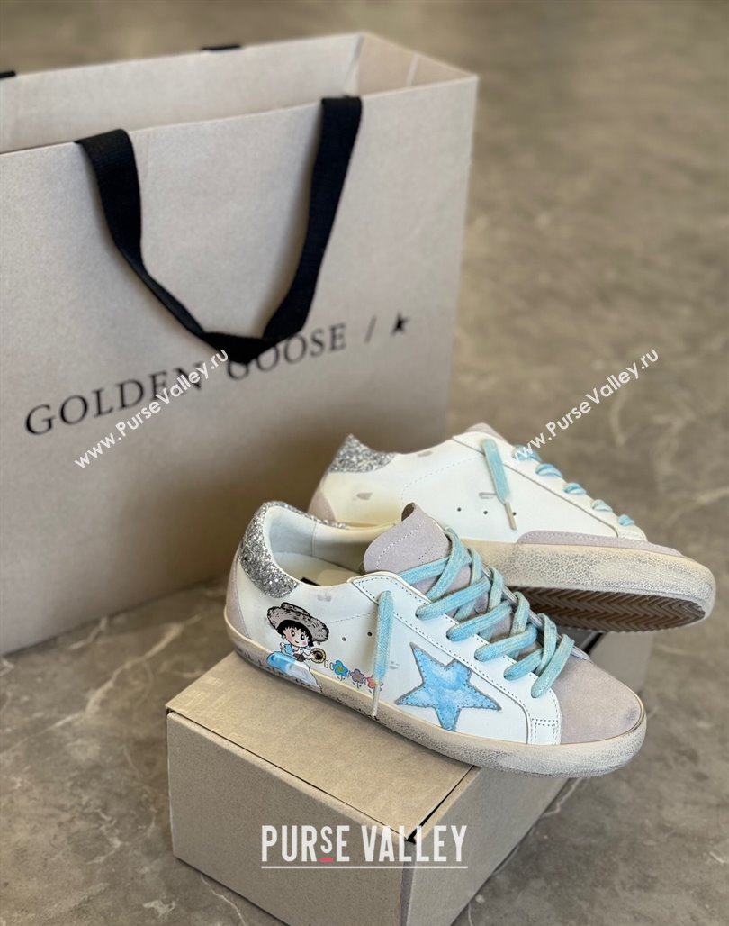 Golden Goose Super-Star Sneakers in Leather and Suede with Girl Print White/Light Blue 2024 (13-240530003)