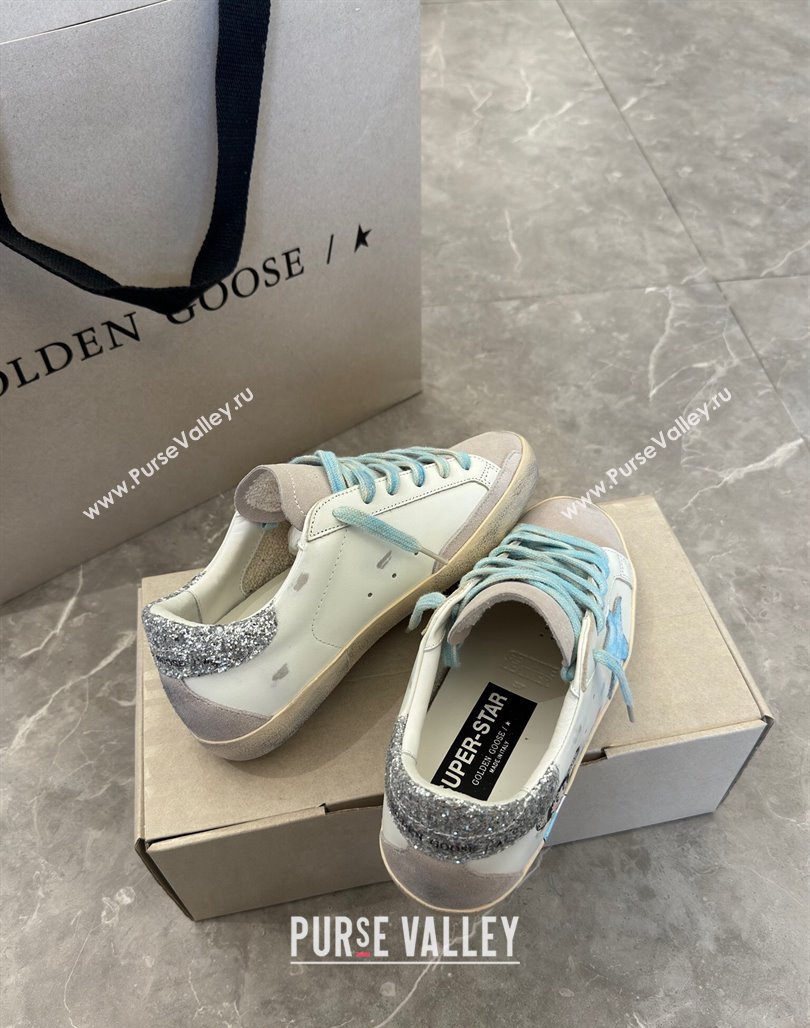 Golden Goose Super-Star Sneakers in Leather and Suede with Girl Print White/Light Blue 2024 (13-240530003)