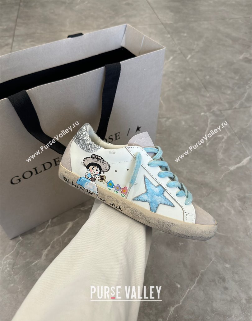 Golden Goose Super-Star Sneakers in Leather and Suede with Girl Print White/Light Blue 2024 (13-240530003)