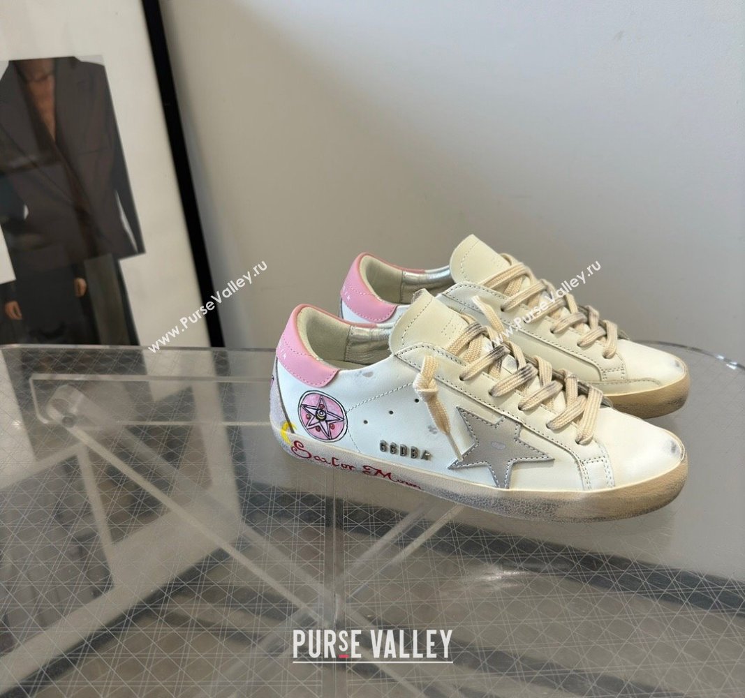 Golden Goose Super-Star Sneakers in Leather with Moon Print White/Light Pink 2024 (13-240530004)