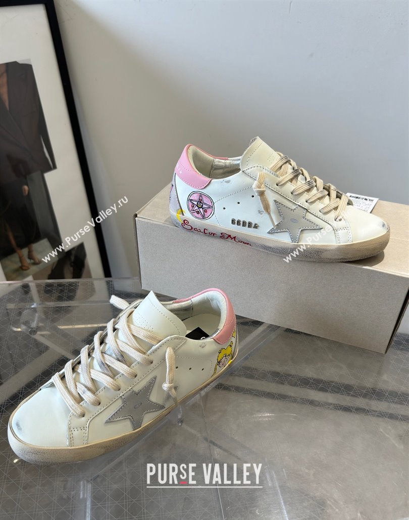 Golden Goose Super-Star Sneakers in Leather with Moon Print White/Light Pink 2024 (13-240530004)