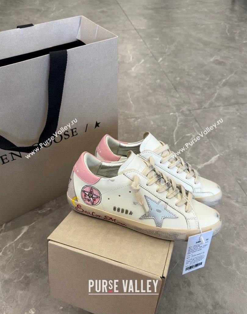 Golden Goose Super-Star Sneakers in Leather with Moon Print White/Light Pink 2024 (13-240530004)