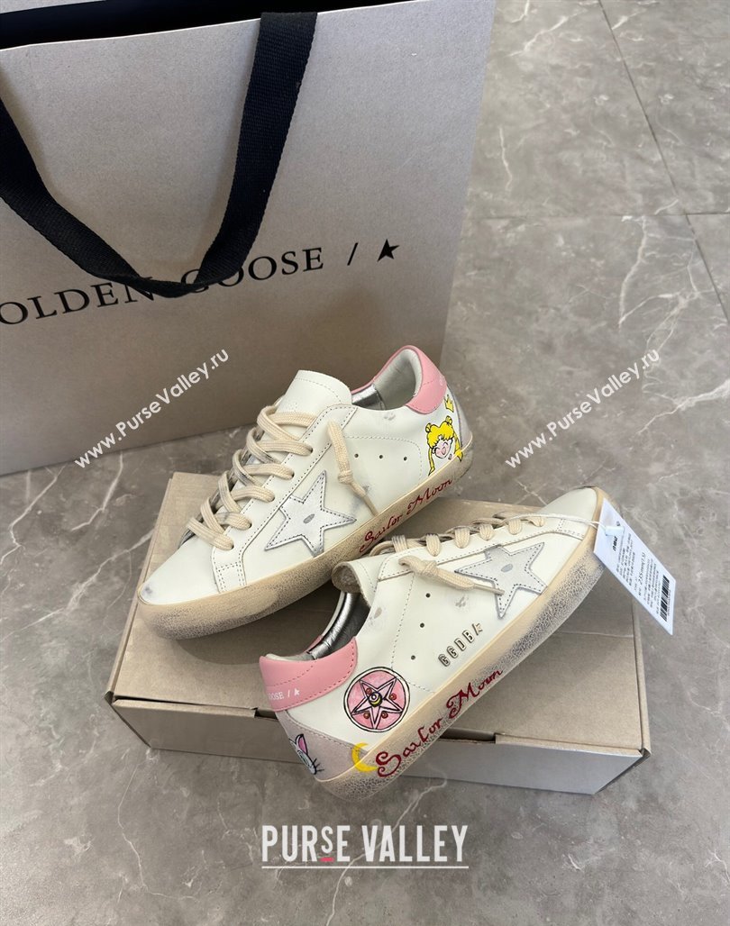 Golden Goose Super-Star Sneakers in Leather with Moon Print White/Light Pink 2024 (13-240530004)