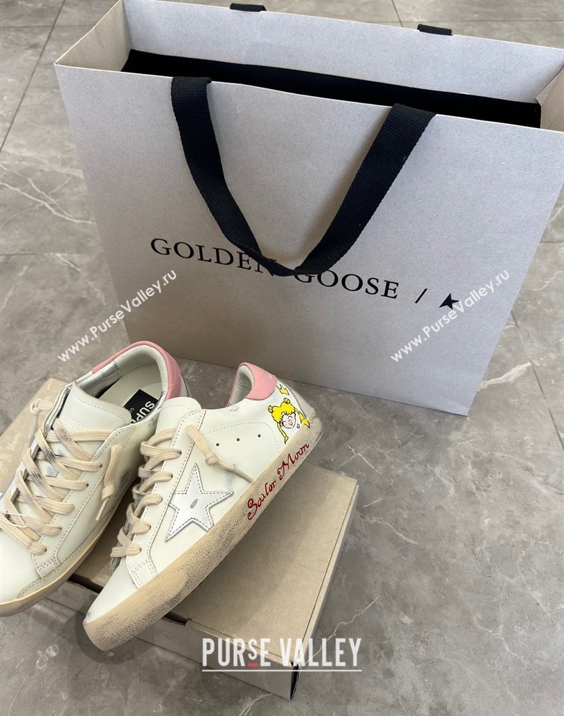 Golden Goose Super-Star Sneakers in Leather with Moon Print White/Light Pink 2024 (13-240530004)