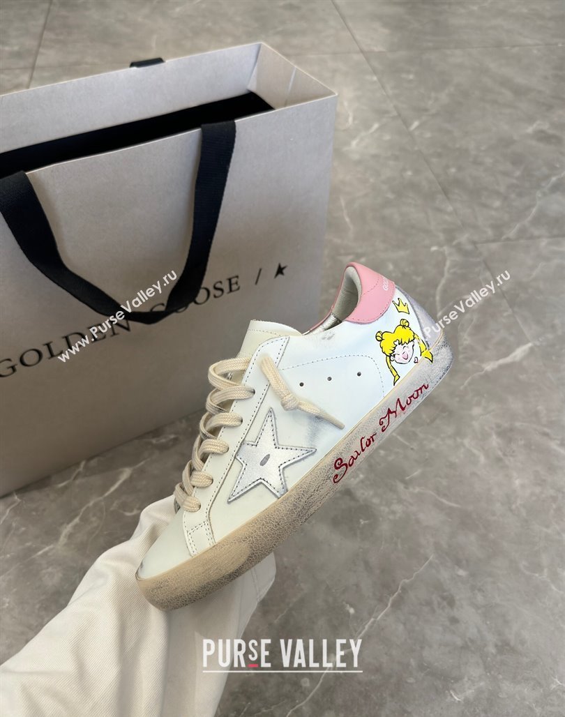 Golden Goose Super-Star Sneakers in Leather with Moon Print White/Light Pink 2024 (13-240530004)