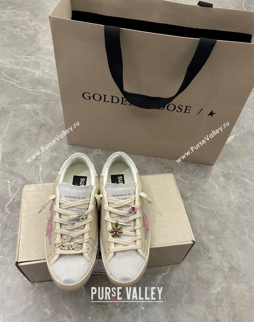 Golden Goose Super-Star Sneakers in Beige Crinkle Leather and Suede with Moon Print 2024 (13-240530002)