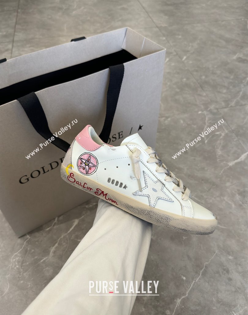 Golden Goose Super-Star Sneakers in Leather with Moon Print White/Light Pink 2024 (13-240530004)