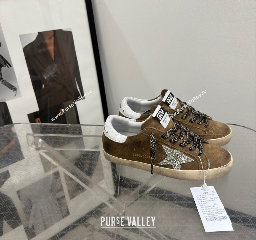 Golden Goose Super-Star Sneakers in Brown Suede with Silver Glitter Star and White Tab 2024 (13-240530008)