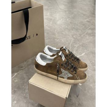 Golden Goose Super-Star Sneakers in Brown Suede with Silver Glitter Star and White Tab 2024 (13-240530008)