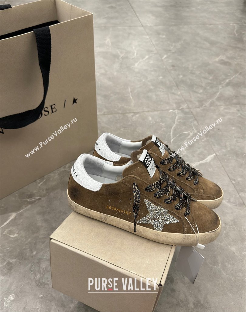 Golden Goose Super-Star Sneakers in Brown Suede with Silver Glitter Star and White Tab 2024 (13-240530008)