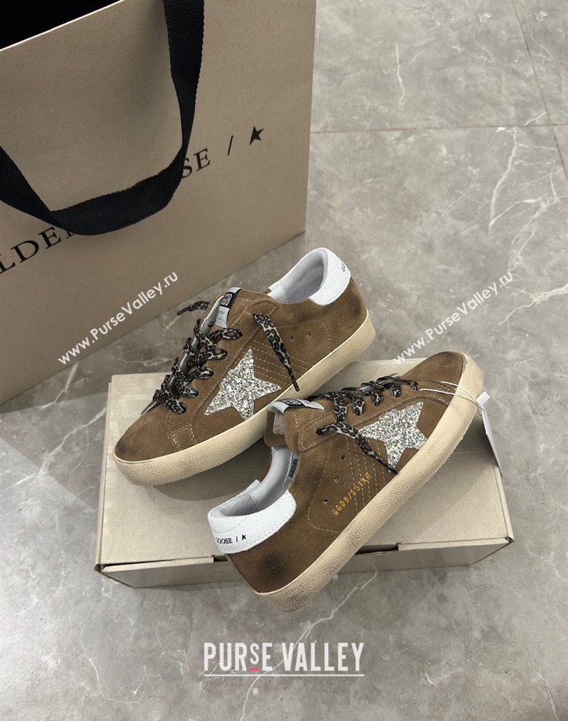 Golden Goose Super-Star Sneakers in Brown Suede with Silver Glitter Star and White Tab 2024 (13-240530008)