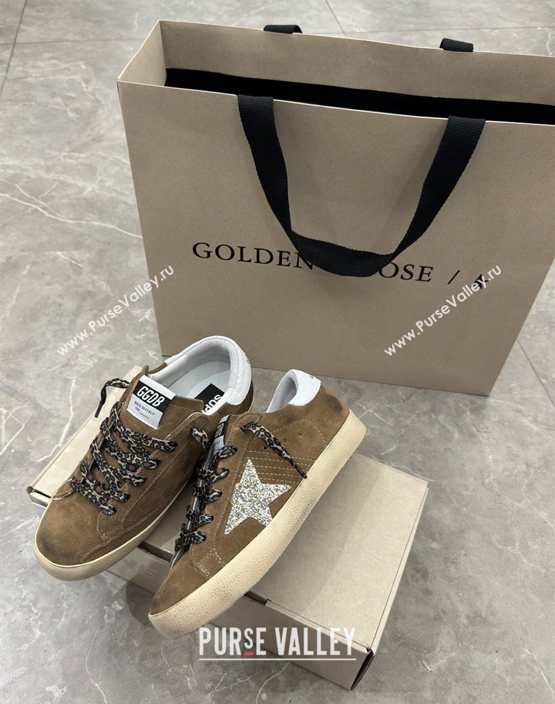 Golden Goose Super-Star Sneakers in Brown Suede with Silver Glitter Star and White Tab 2024 (13-240530008)