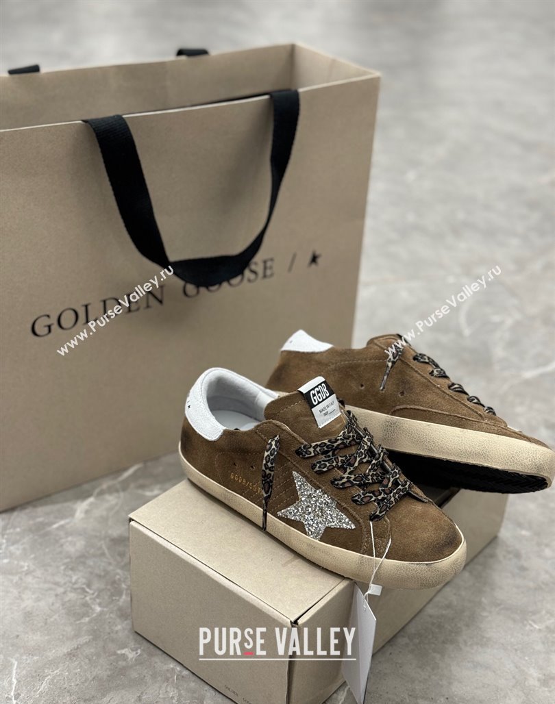 Golden Goose Super-Star Sneakers in Brown Suede with Silver Glitter Star and White Tab 2024 (13-240530008)