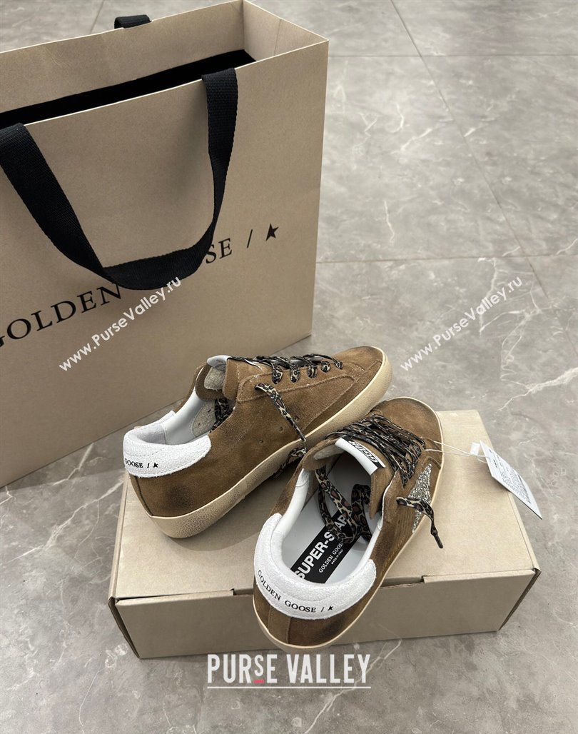 Golden Goose Super-Star Sneakers in Brown Suede with Silver Glitter Star and White Tab 2024 (13-240530008)