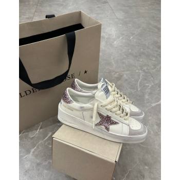Golden Goose Stardan Sneakers in white nappa leather and grey suede with pink glitter star and heel tab 2024 (13-240530030)