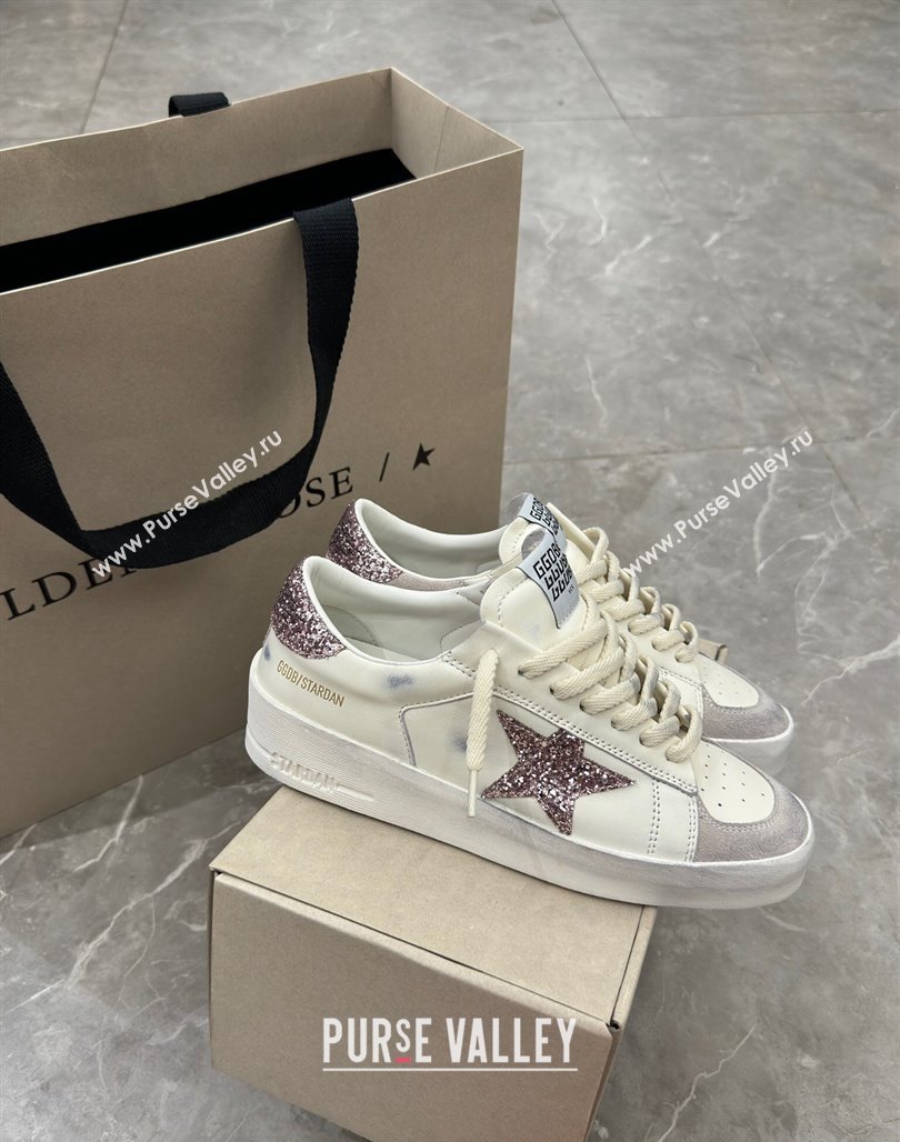 Golden Goose Stardan Sneakers in white nappa leather and grey suede with pink glitter star and heel tab 2024 (13-240530030)